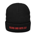 Embroidered "BLOOD AND GUTS 2.0" Ribbed Knit Beanie — Gothic Streetwear Winter Hat