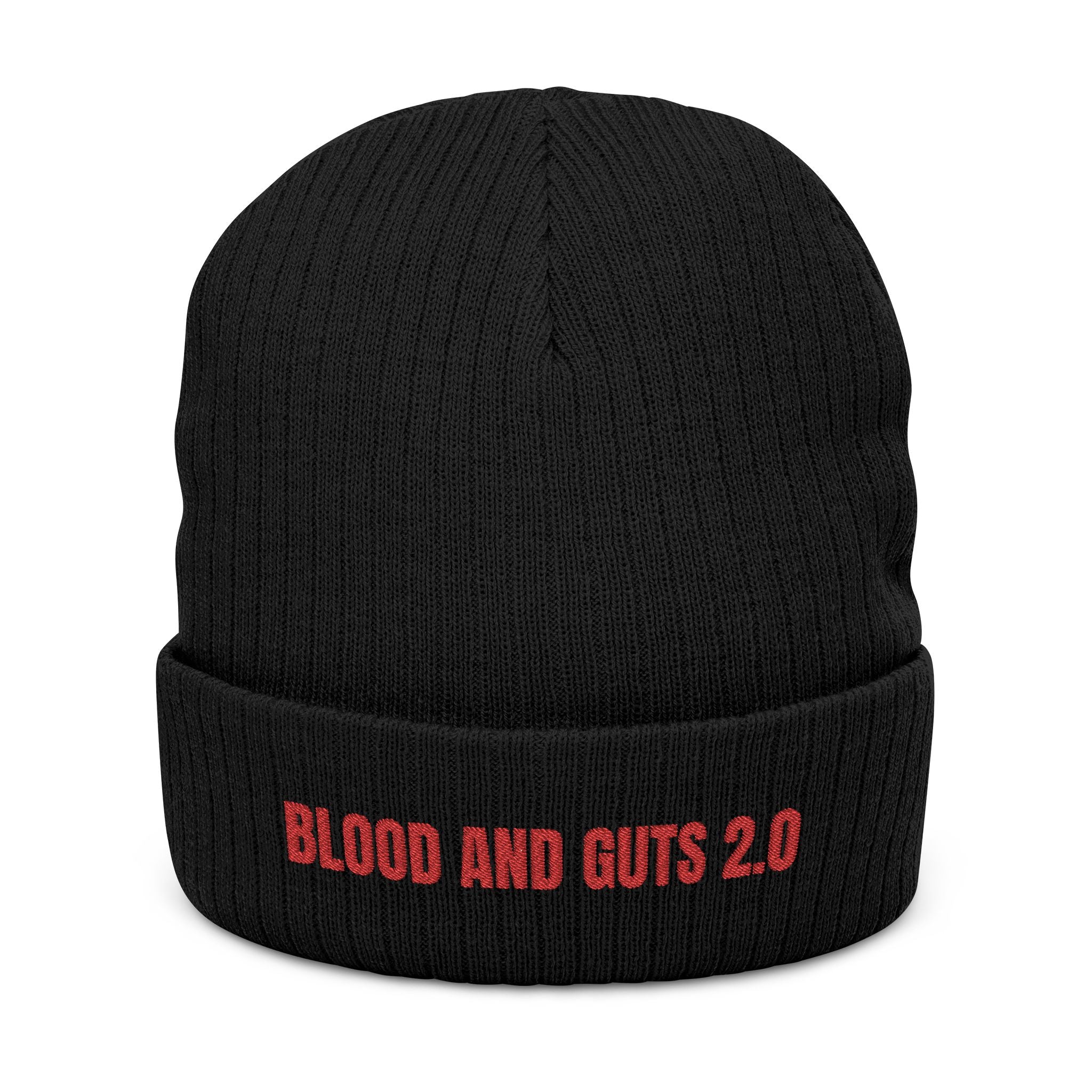 Embroidered "BLOOD AND GUTS 2.0" Ribbed Knit Beanie — Gothic Streetwear Winter Hat