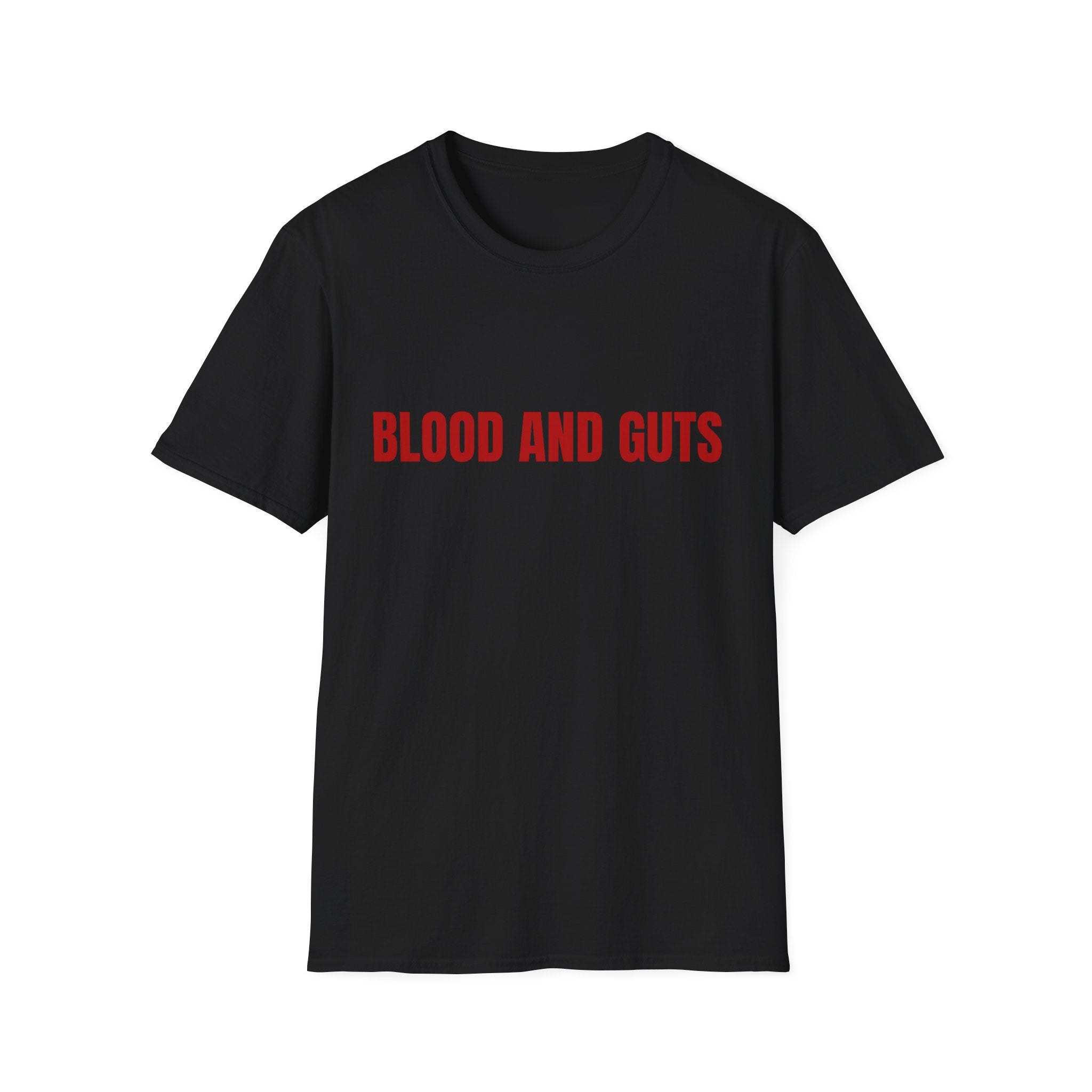 Graphic T-Shirt — 'BLOOD AND GUTS' Bold Text Tee, Edgy Horror Statement Shirt